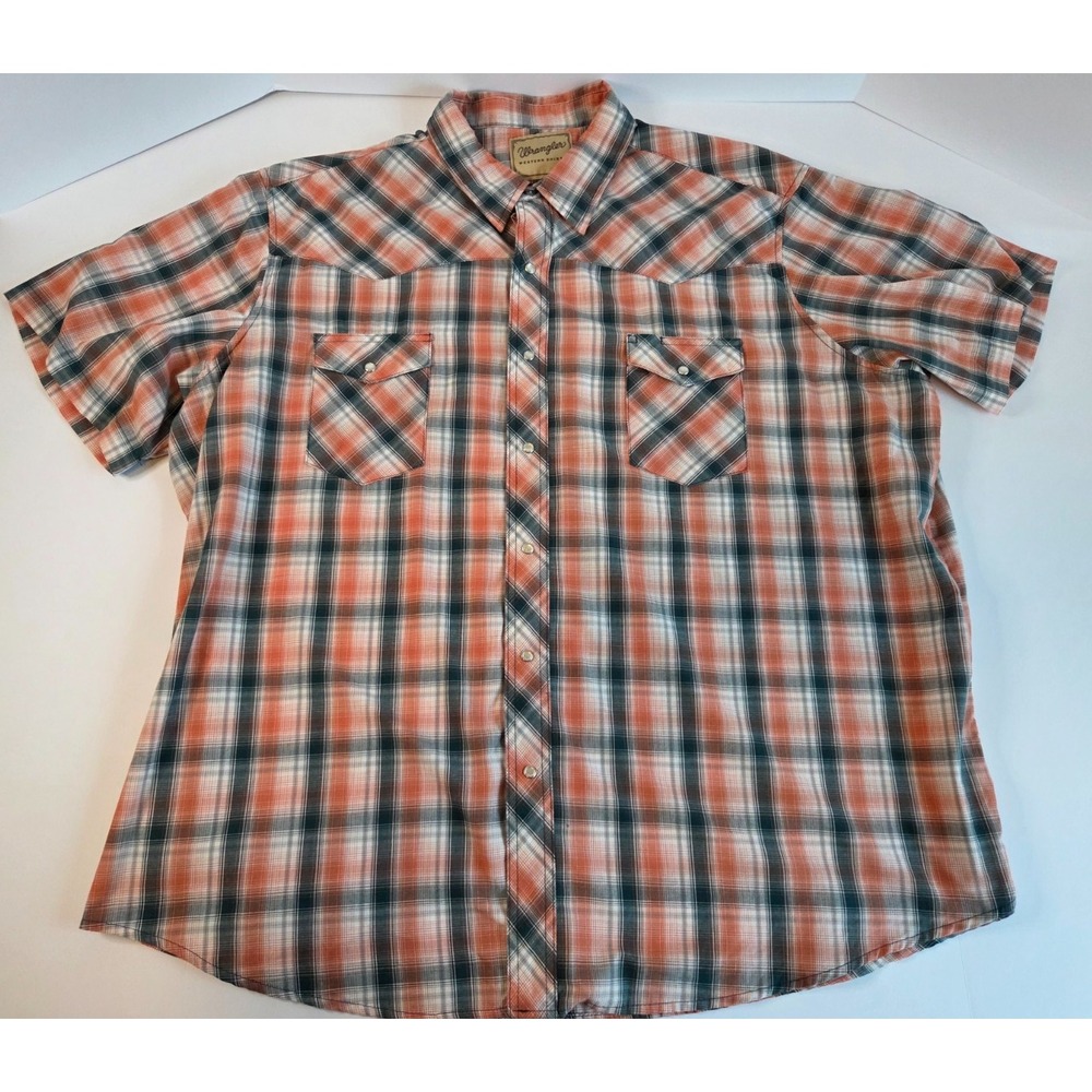 Wrangler Shirt Mens 3 Extra Large Orange Madras Plaid Pearl Snap Western Cowboy